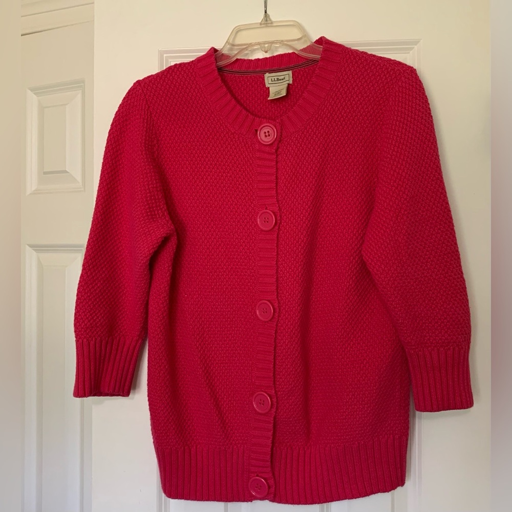 100% Cotton Pink Cardigan LL Bean Sweater Big Pink Buttons Funky Artsy Preppy